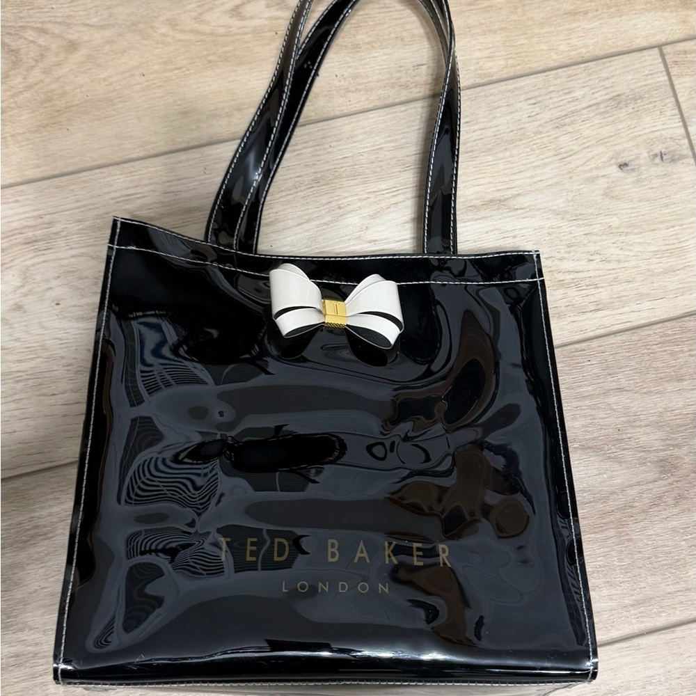 Ted Baker Black Patent Tote with White/ Taupe Bow Accent